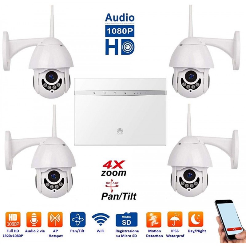 ART. 509062 - Kit 4 Dome IP WiFi completo di Router 4G Huawei mod. MCKV4D
